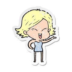 distressed sticker of a happy cartoon girl
