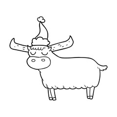 line drawing of a bull wearing santa hat