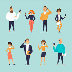 Fototapeta premium People talk on the phone, characters, business, communication. Flat design vector illustration.
