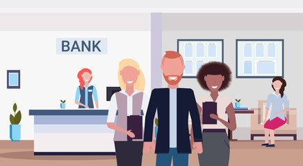 mix race colleagues smiling banking managers standing together modern bank office interior horizontal flat