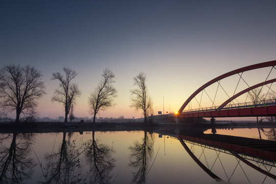 Red bridge over the Bosut river in Vinkovci, Croatia