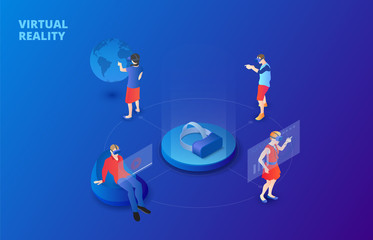 Dark virtual reality design concept with glasses and people playing and learning. Isometric vector illustration. Landing page template for web