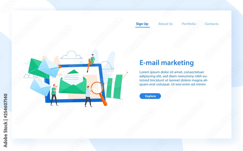 Poster Web banner template with giant tablet computer with letter in envelope on display, group of people or marketers and place for text. Email marketing, internet advertisement. Flat vector illustration.