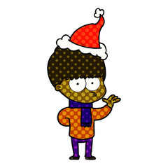 nervous comic book style illustration of a boy wearing santa hat