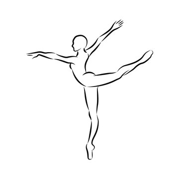 Ballerina. Female ballet dancer hand drawn outline figure. Dancing woman vector illustration isolated on white background.