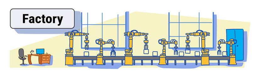 factory production conveyor automatic assembly line machinery industrial automation industry concept colorful sketch flow style doodle horizontal