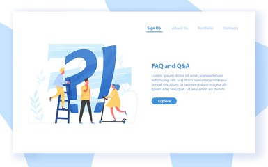 Web banner template with giant question mark and interrogation point and tiny people. FAQ, customer guide, user manual, useful information for problem solving. Flat colorful vector illustration.