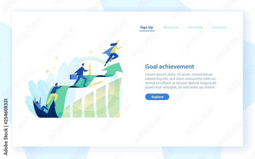 Poster website template with people, office workers, managers or clerks climbing on ascending graph or tren
