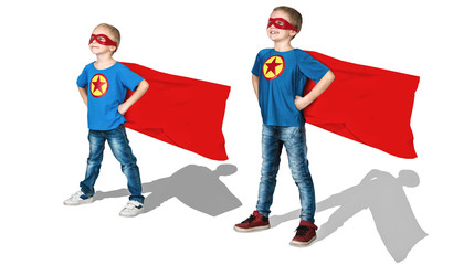 Team superheroes.Portrait of a boys in a superhero costumes isolated on white background.	