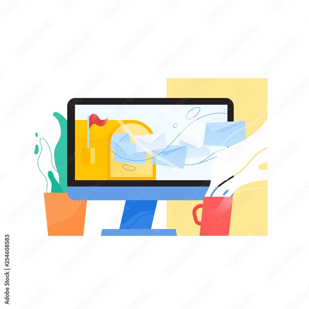 Leinwandbilder Open mailbox with red flag and incoming letters flying out of computer display, potted plant and steaming cup. Concept of email, mail user agent or inbox message service. Flat vector illustration.