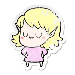 distressed sticker of a happy cartoon elf girl