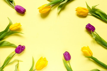 Yellow and purple flowers tulips in a bouquet on a yellow background, a festive spring background greeting card