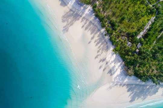 Amazing island with sand beach green tree forest aerial view