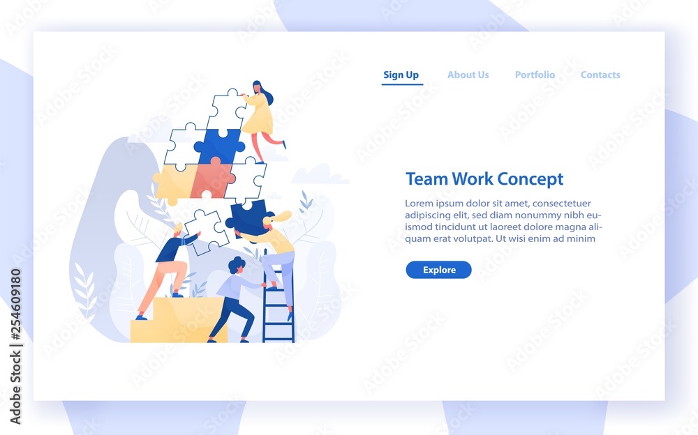 Aufkleber Web banner template with group of tiny office workers or colleagues assembling together giant jigsaw puzzle pieces. Teamwork, business cooperation. Modern flat vector illustration for website.
