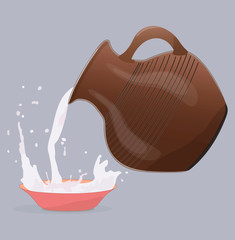 Flat drawing of a clay jug. Ceramic tableware for liquid. Pour milk from a jug. Grey, isolated. Vector.