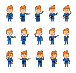 Set of sportsman characters in blue kimono showing various hand gestures. Funny martial art expert pointing, greeting, showing victory, stop sign and other hand gestures. Simple vector illustration