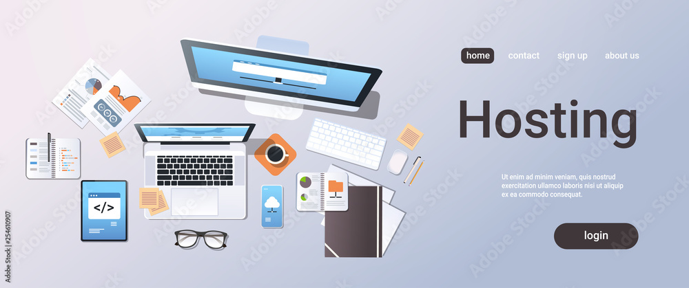 Poster cloud data center computer connection hosting server database synchronize concept top angle view des