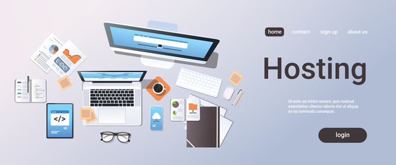 cloud data center computer connection hosting server database synchronize concept top angle view desktop laptop smartphone tablet screen office stuff horizontal copy space
