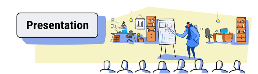 casual man speaker pointing financial graph on flip chart conference meeting presentation concept businessman team training sketch flow style horizontal banner