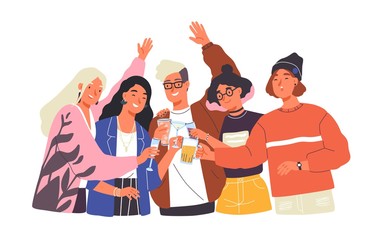Group of happy boys and girls clinking glasses and drinking alcohol at celebratory party. Portrait of cute joyful friends celebrating together. Colorful vector illustration in flat cartoon style. - obrazy, fototapety, plakaty