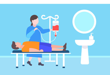 female doctor visiting to injured patient lying in medical bed nurse takes care of sick man healthcare concept clinic ward modern hospital interior flat horizontal full length