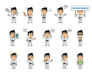 Set of sportsman characters in white kimono showing various actions, emotions. Martial art expert celebrating, holding banner, loudspeaker, map and doing other actions. Simple vector illustration