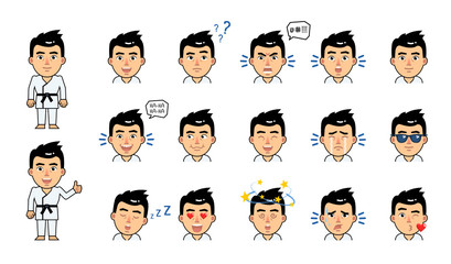 Set of sportsman emoticons. Martial art expert emojis showing various facial expressions. Happy, sad, laugh, cry, tired, funny, sleepy, angry, in love and other emotions. Simple vector illustration © paper_owl