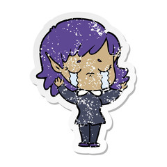 distressed sticker of a cartoon crying elf girl