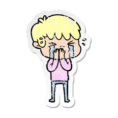 distressed sticker of a cartoon boy crying