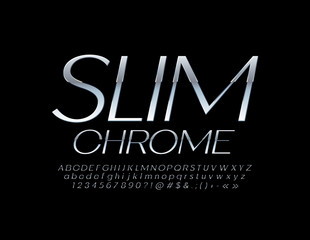 Vector glossy Slim Chrome Font. Elegant Silver Alphabet Letters and Symbols.