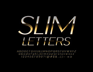 Vector Slim Golden Alphabet. Elegant glossy Font. Chic Letters, Numbers and Symbols. 
