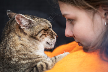 girl with a kitten,  cat love
