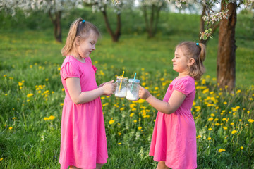 Two sisters in pink dresses having fun and playing together, drinking milk shake from glass bottles outdoors in blossom garden 