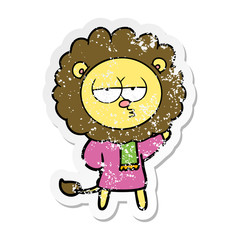 distressed sticker of a cartoon bored lion
