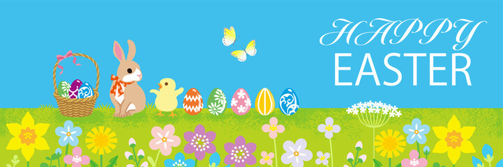 Easter bunny and Chick playing in the spring nature, Including greeting words “HAPPY EASTER
