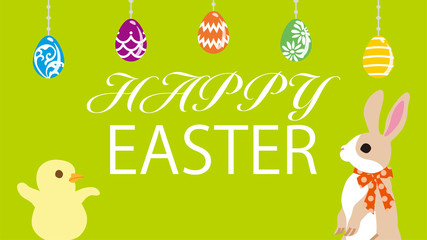 Obraz premium Easter bunny with Chick in the easter eggs ornament background, green - Including greeting words “HAPPY EASTER”