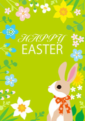 Easter bunny and spring wildflowers round frame background, green color - Including greeting words “HAPPY EASTER”