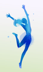 Watercolor of  woman jumping into the air isolated on white background.  Vector illustration.