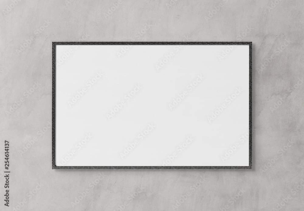 Aufkleber black rectangular horizontal frame hanging on a white wall mockup 3d rendering