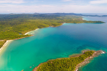 Green tropical forest island sea wave beach