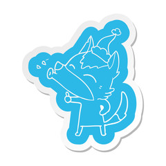 howling wolf cartoon  sticker of a wearing santa hat