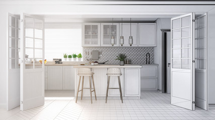 Architect interior designer concept: unfinished project that becomes real, modern scandinavian kitchen, cabinets, island and pendant lamps, minimalistic design idea