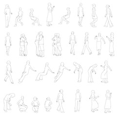 Set with outlines of people in different positions. The outlines of people sit, stand, go. Vector illustration