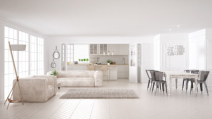 Fototapeta na wymiar Blur background interior design, minimalist white living room and kitchen, big window and carpet fur, scandinavian classic interior design concept idea