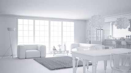 Total white project of minimalist white living room and kitchen, big window and carpet fur, scandinavian classic interior design concept idea
