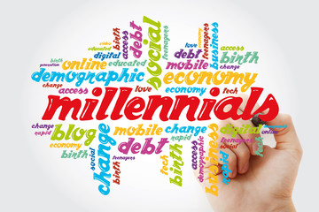 Millennials word cloud with marker, concept background
