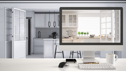 Architect designer project concept, white desk table with computer desktop showing kitchen project,...