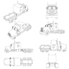 Set with the contours of the truck without a trailer in different positions. The contour of the truck front, side, rear view, isometric. Vector illustration