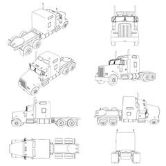Set with the contours of the truck without a trailer in different positions. The contour of the truck front, side, rear view, isometric. Vector illustration © German Ovchinnikov