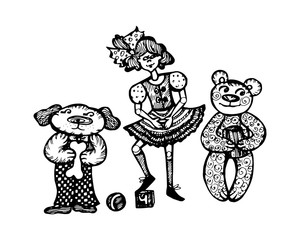 set of toys dog, doll and teddy bear. hand-drawn vector illustration on white background